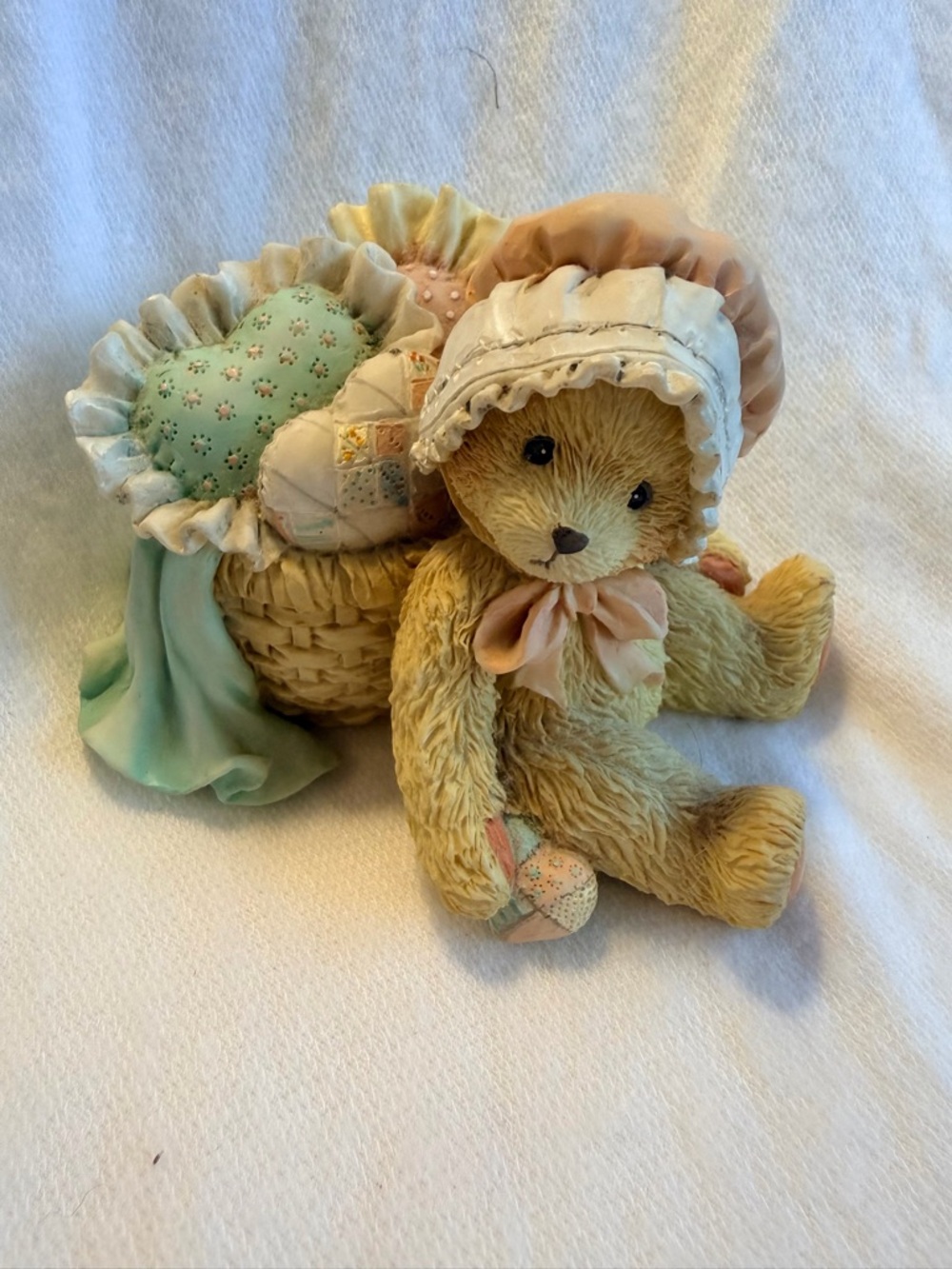 Cherished Teddies Pastel Bear with Quilted Hearts and Basket